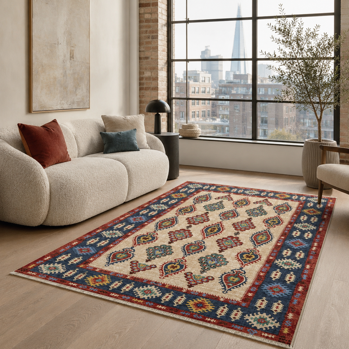 The Lantern Octagons Deep Blue Heritage Washable Rug
