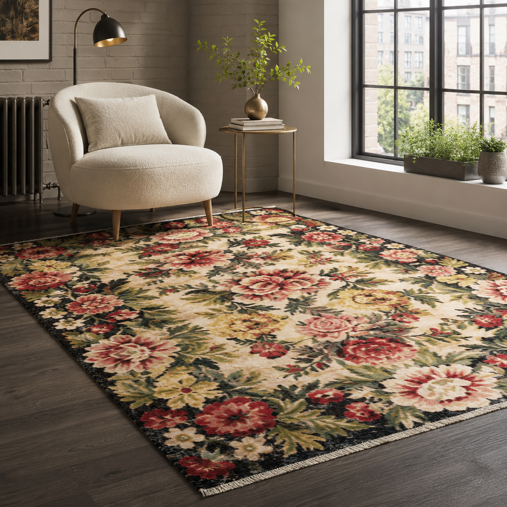 The Bold Border Charcoal Black Heritage Washable Rug