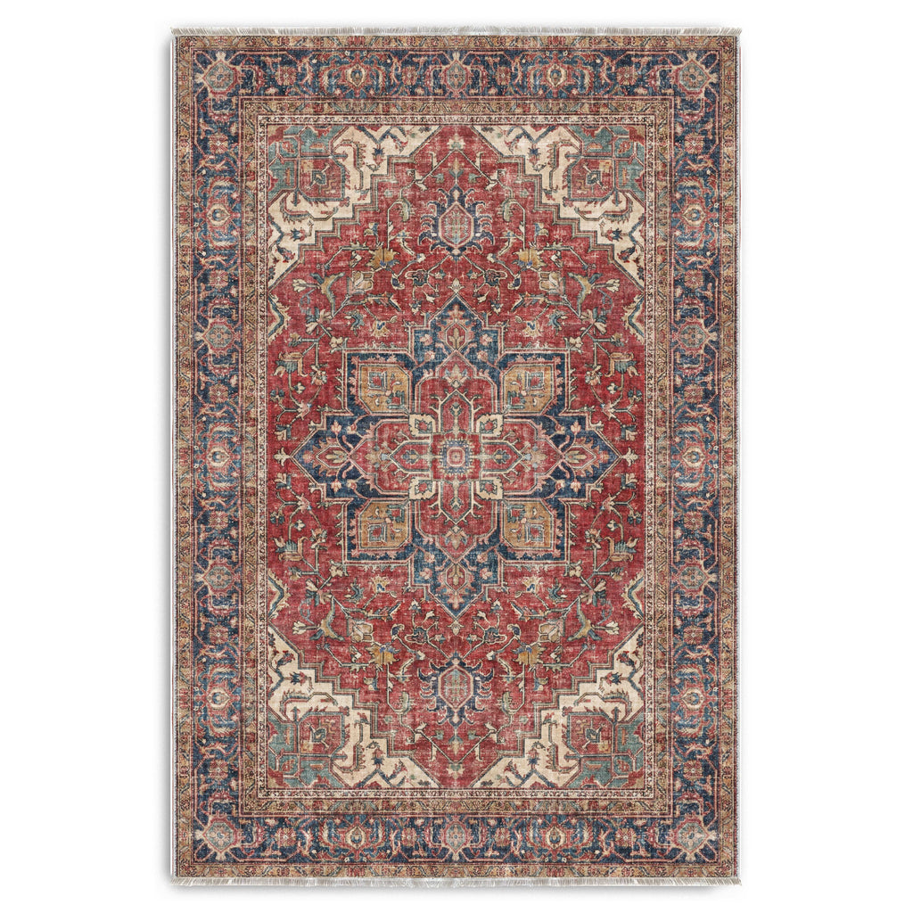 The Crossed Border Crimson Red Traditional Washable Rug
