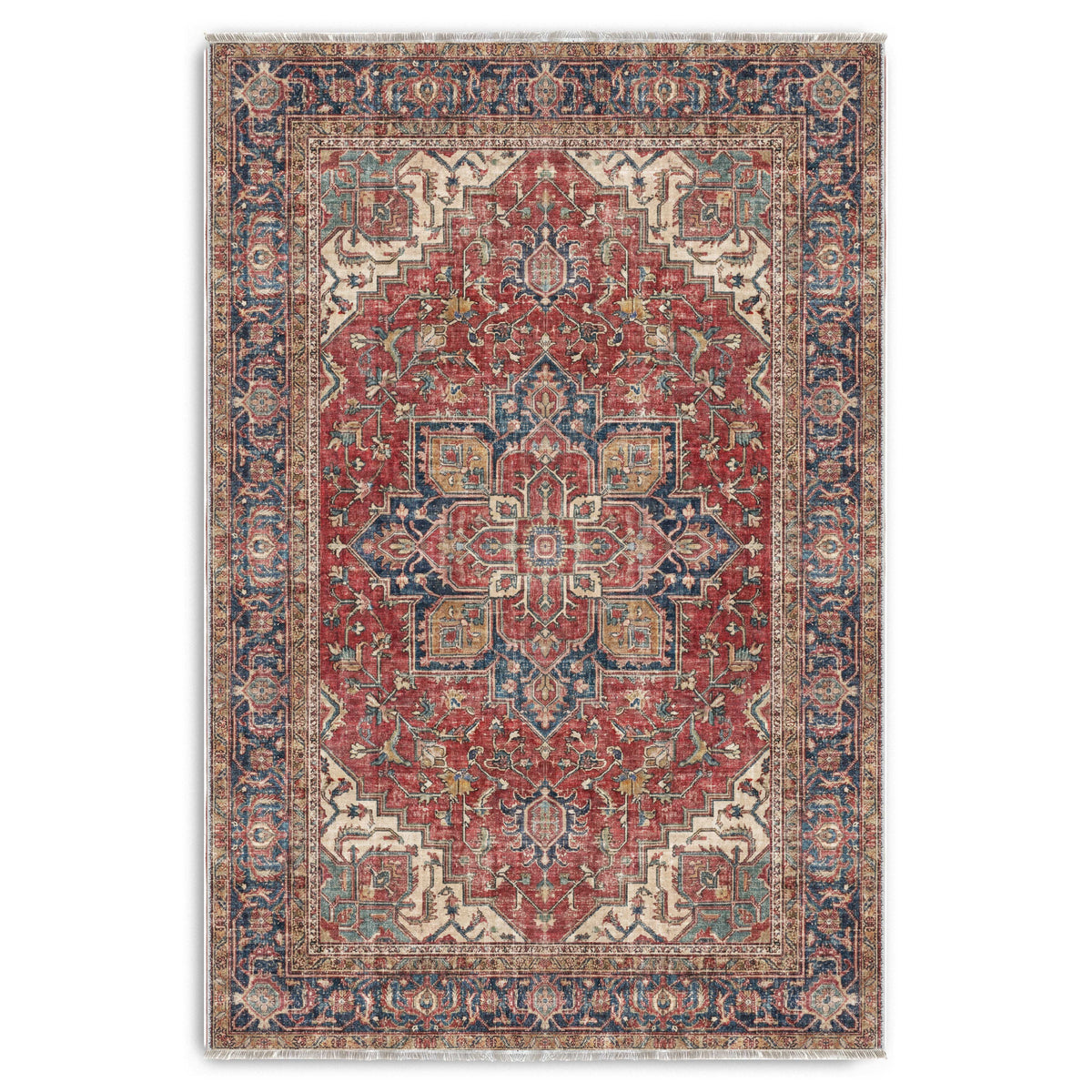 The Crossed Border Crimson Red Traditional Washable Rug