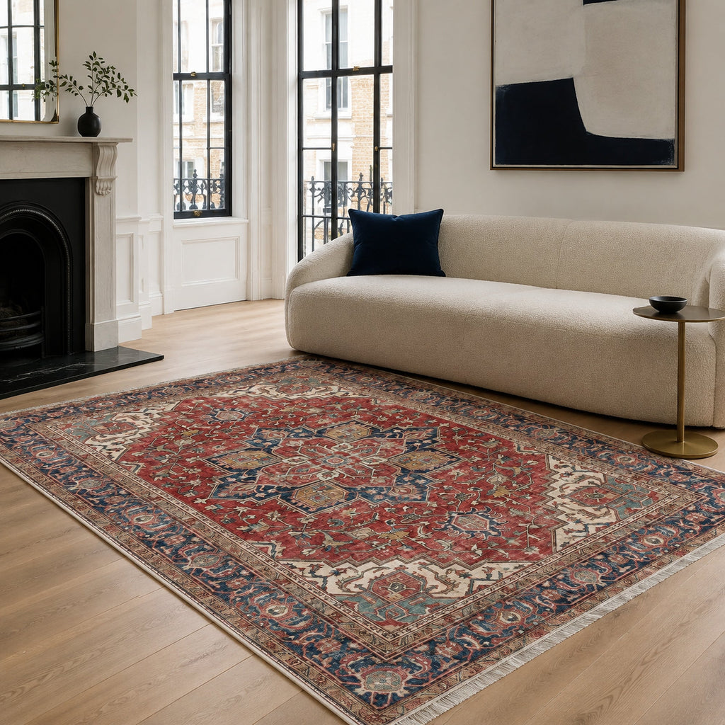 The Crossed Border Crimson Red Traditional Washable Rug