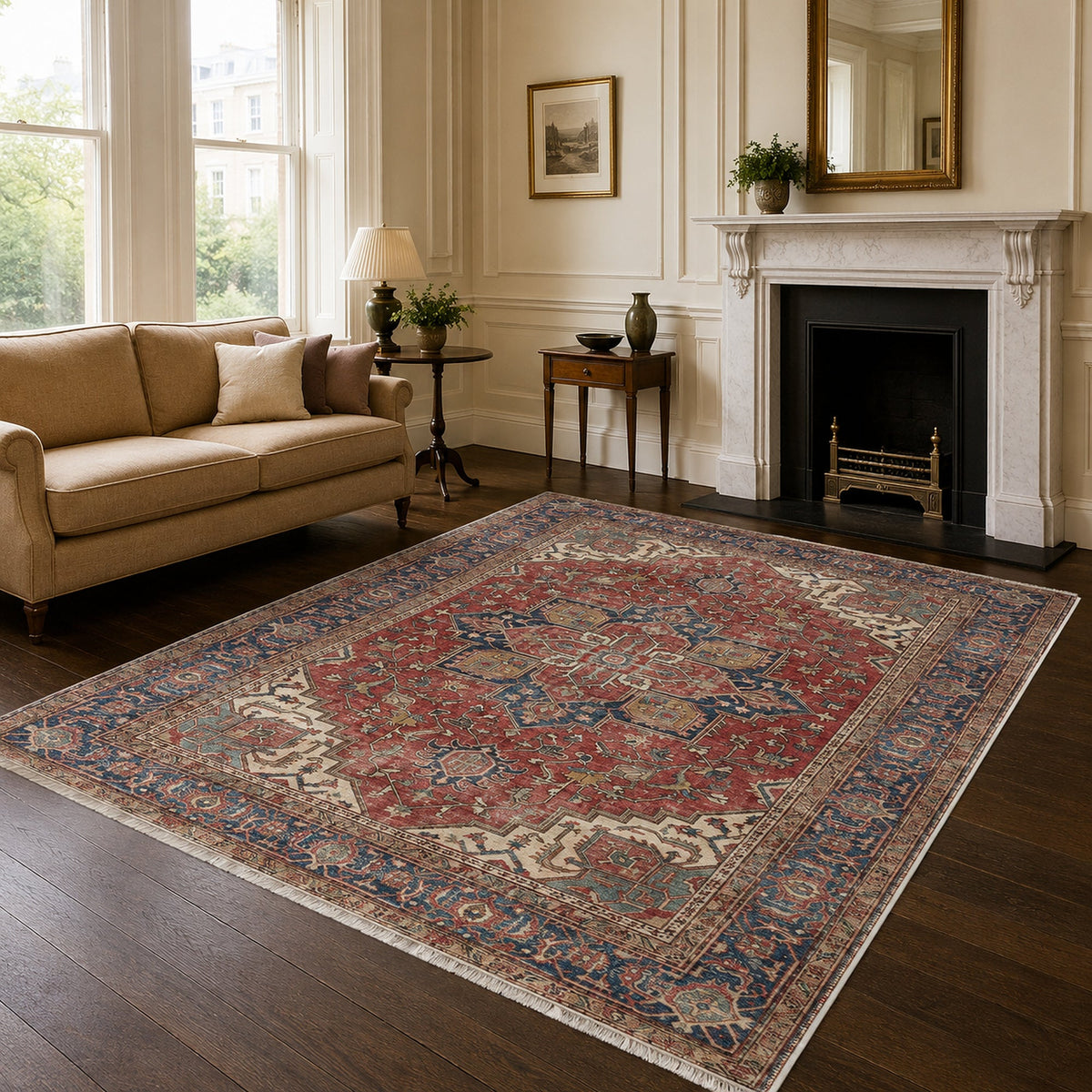 The Crossed Border Crimson Red Traditional Washable Rug