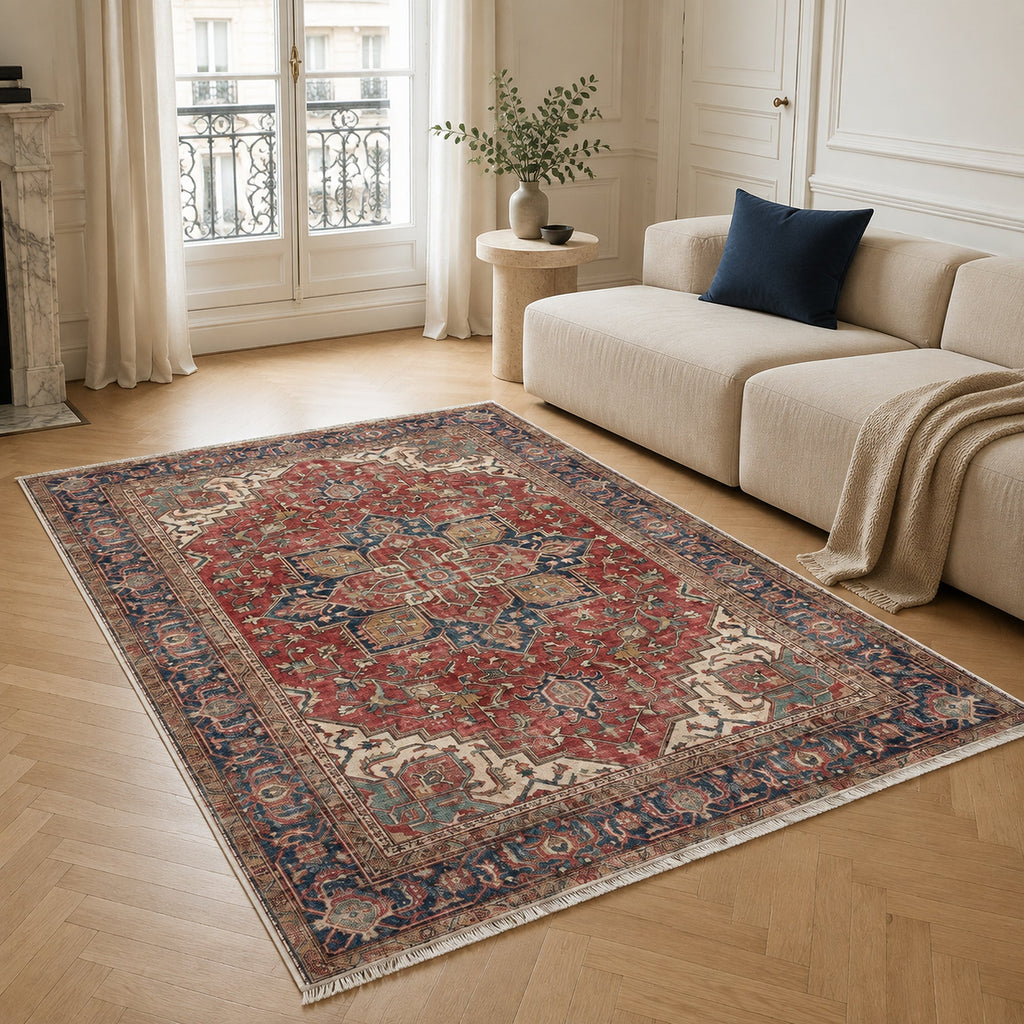 The Crossed Border Crimson Red Traditional Washable Rug