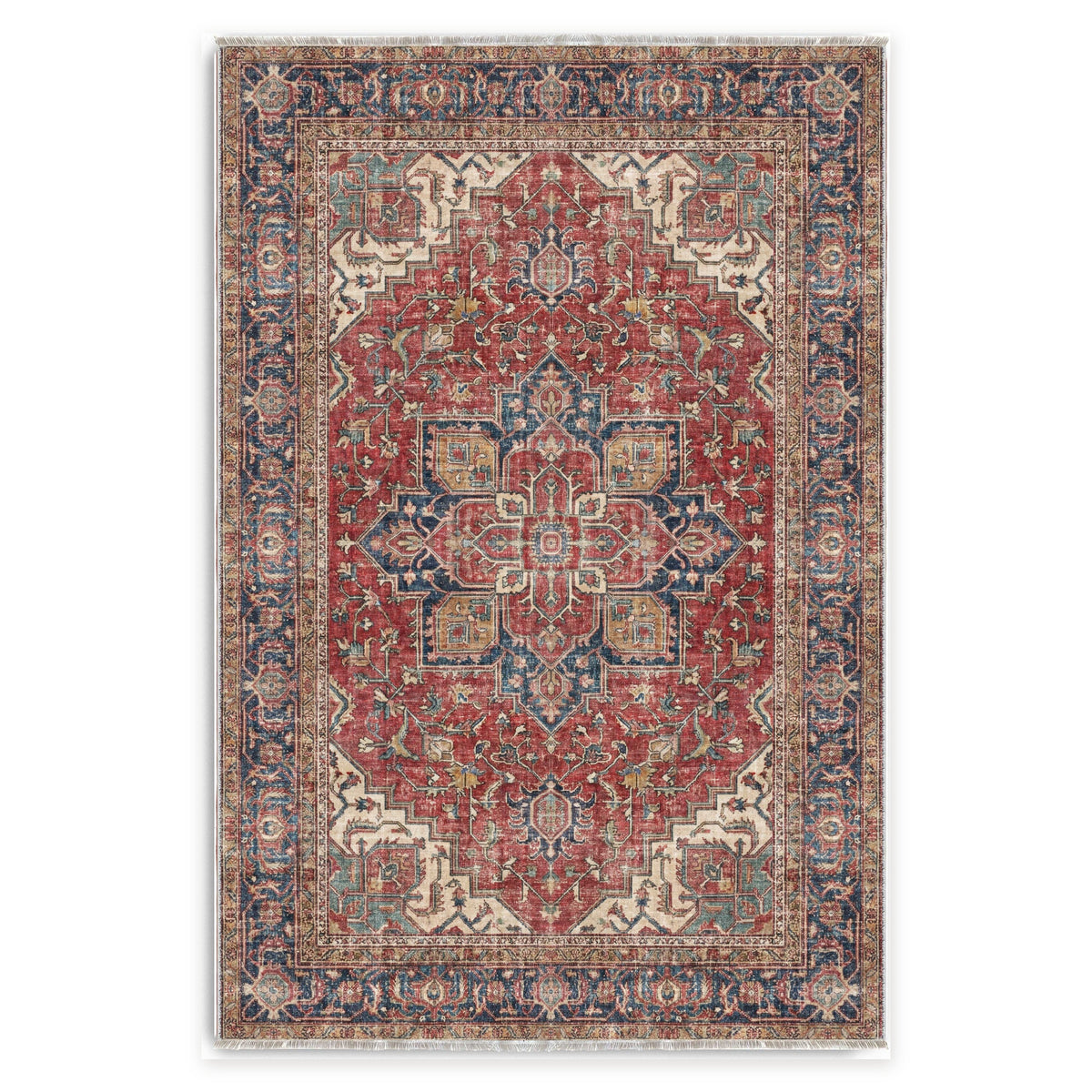 The Crossed Border Crimson Red Traditional Washable Rug