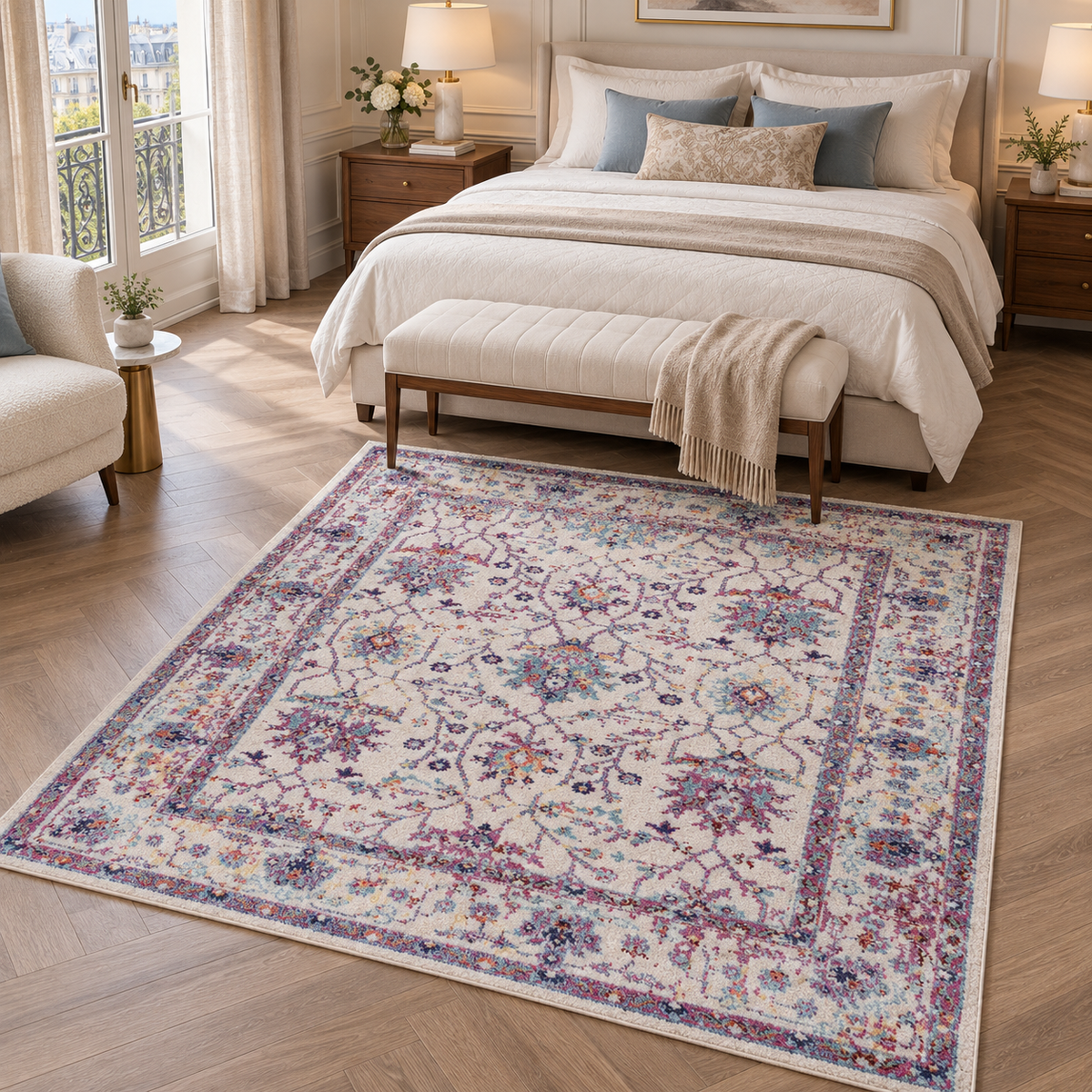 The Vitis Ivory Plum Floral Vintage Rug