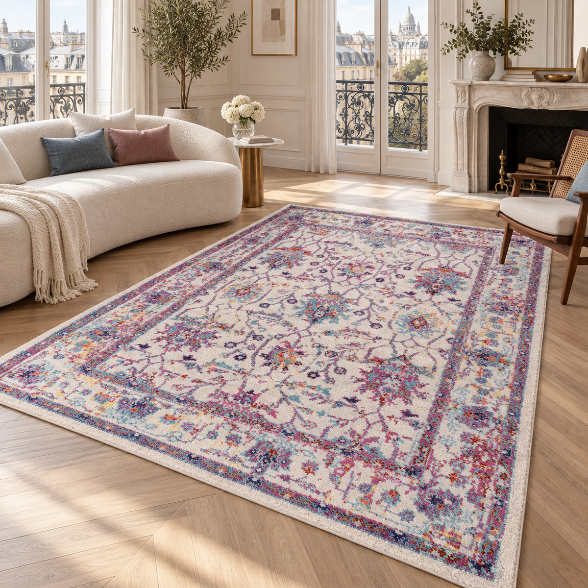 The Vitis Ivory Plum Floral Vintage Rug
