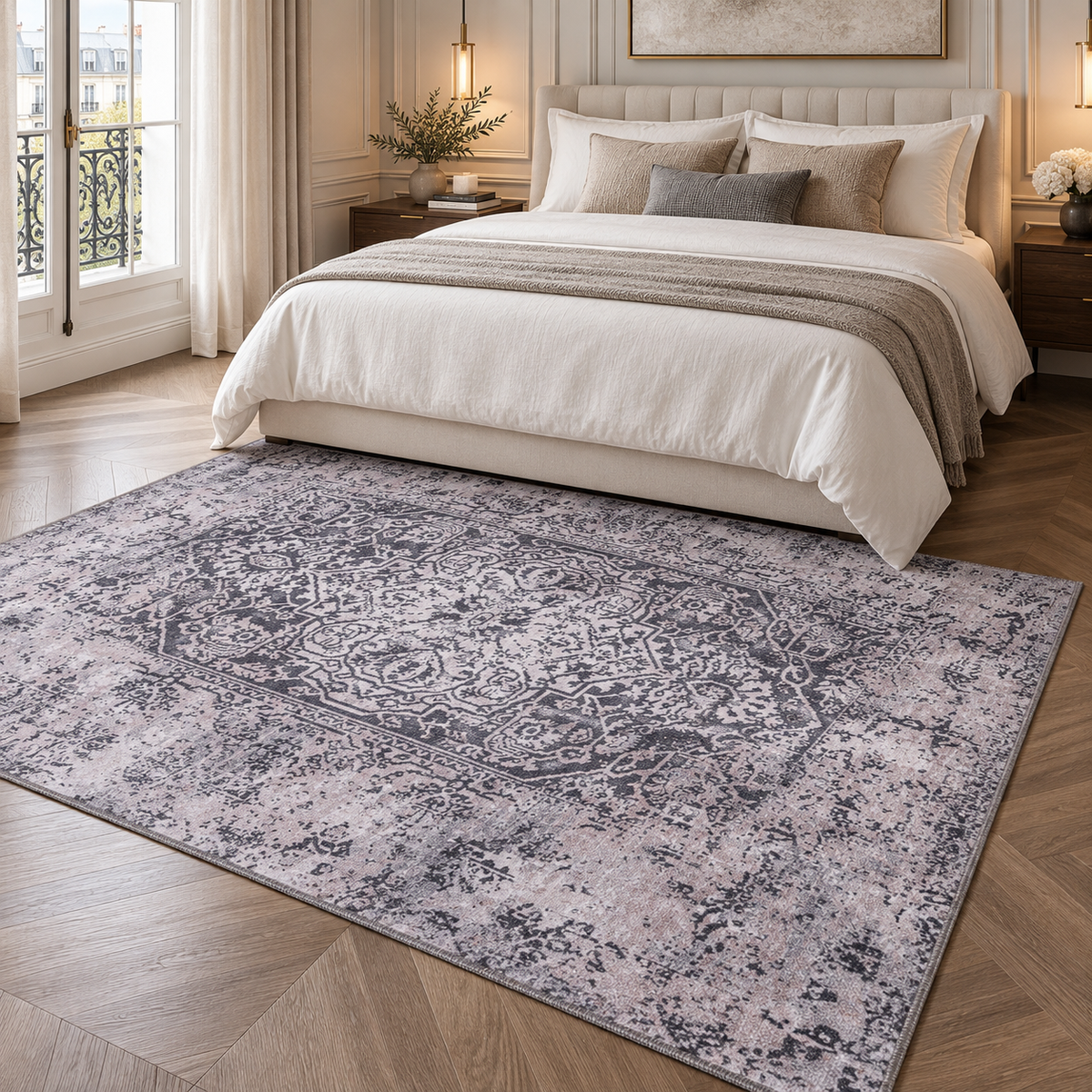 The Basalt Charcoal Grey Medallion Washable Rug