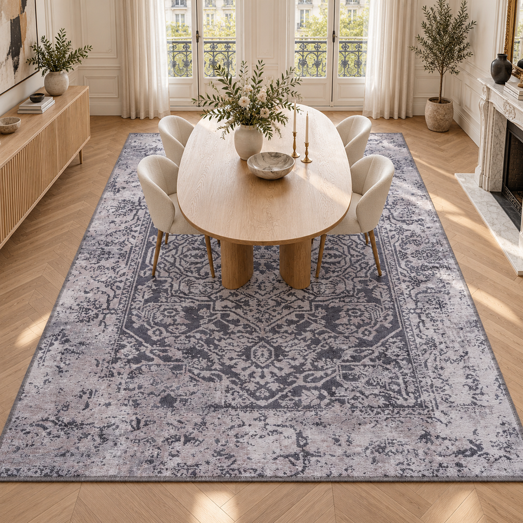 The Basalt Charcoal Grey Medallion Washable Rug