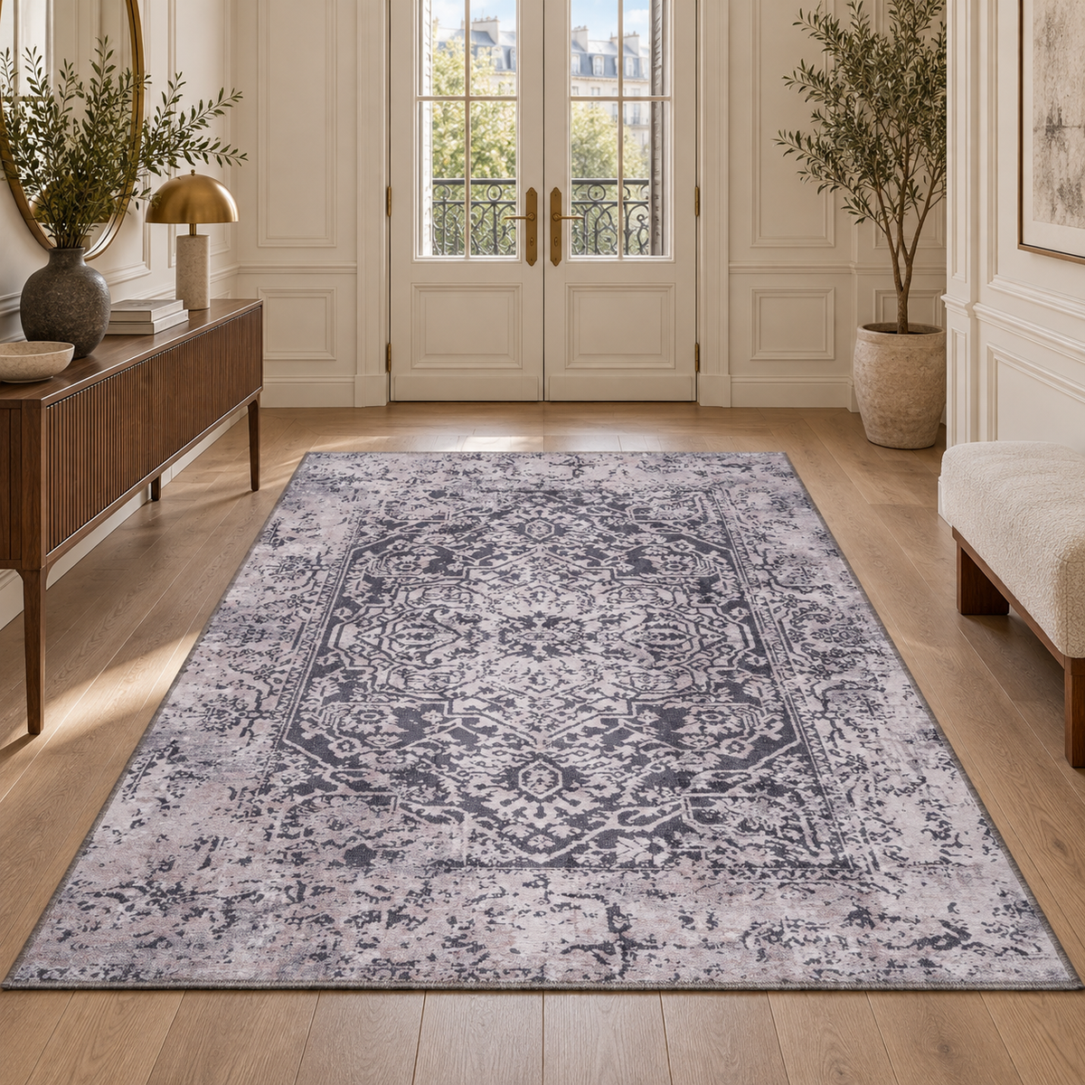 The Basalt Charcoal Grey Medallion Washable Rug
