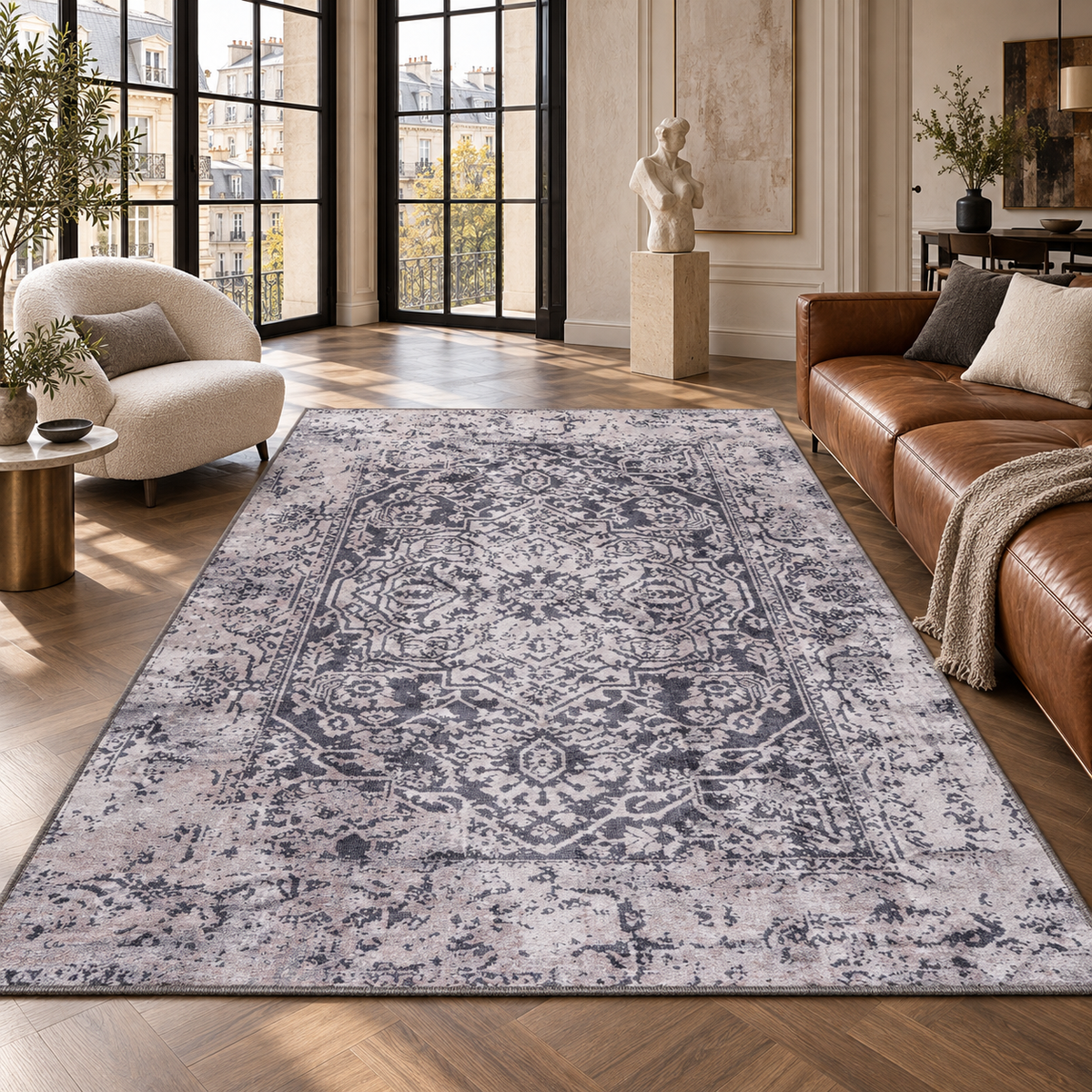 The Basalt Charcoal Grey Medallion Washable Rug