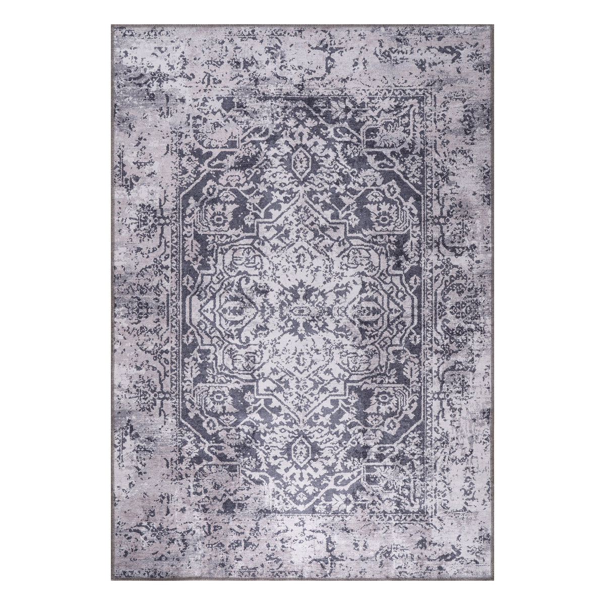 The Basalt Charcoal Grey Medallion Washable Rug