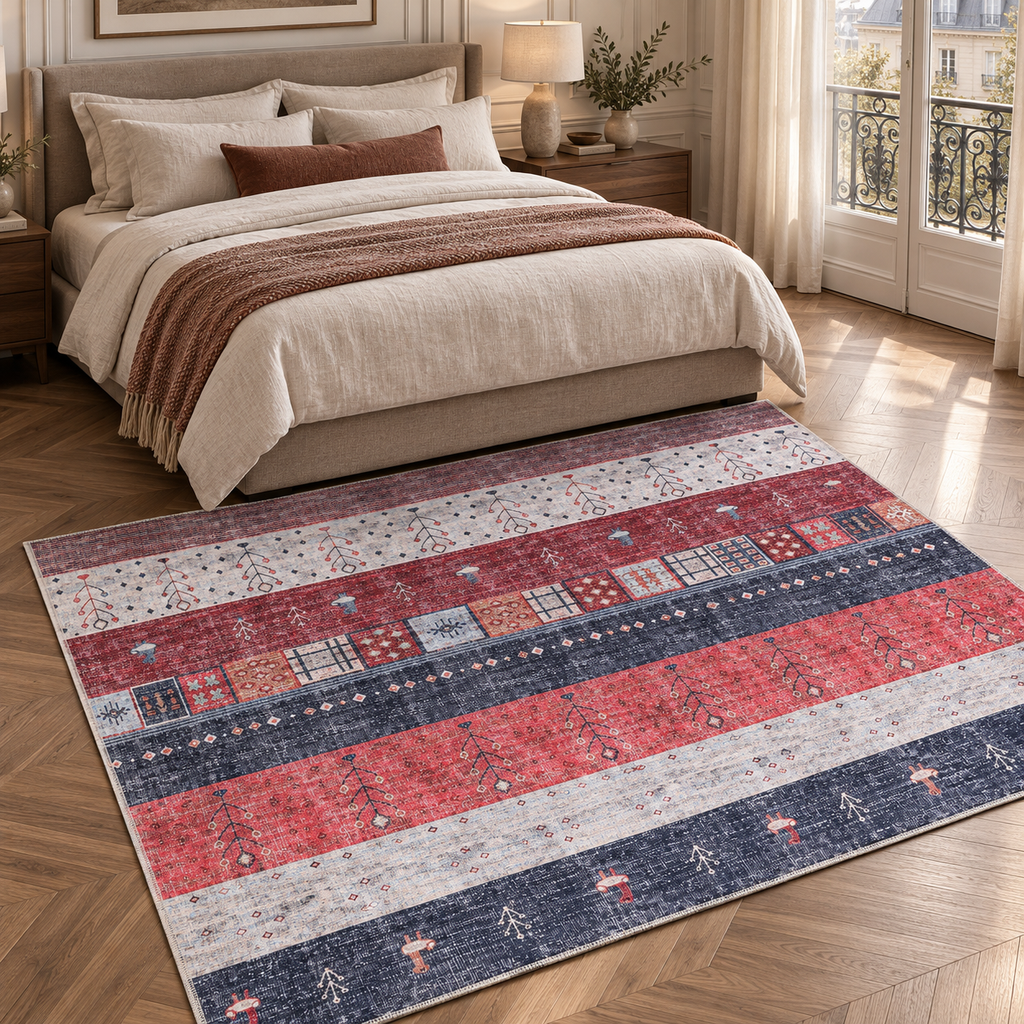 The Ceyhan Red Navy Banded Tribal Washable Rug