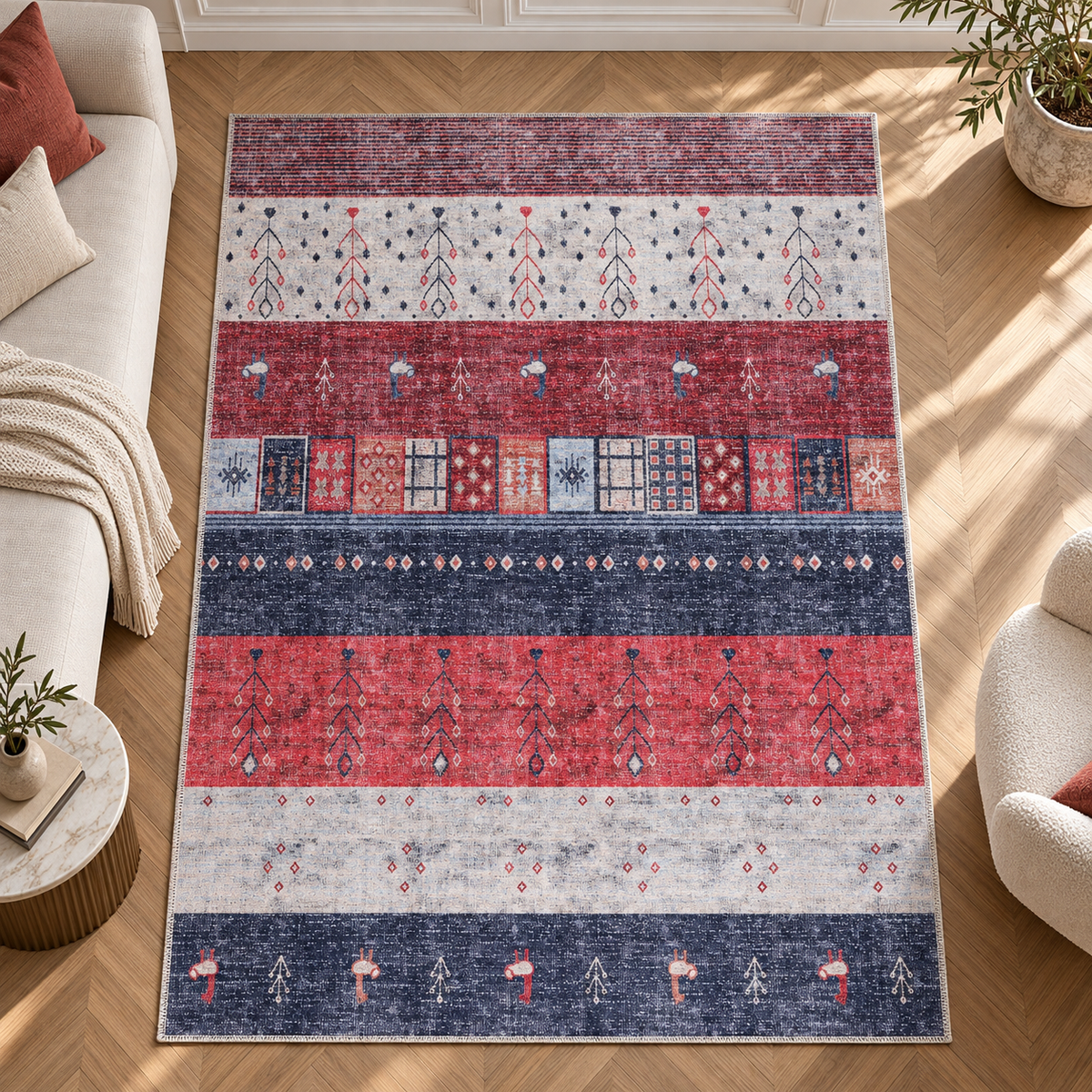 The Ceyhan Red Navy Banded Tribal Washable Rug