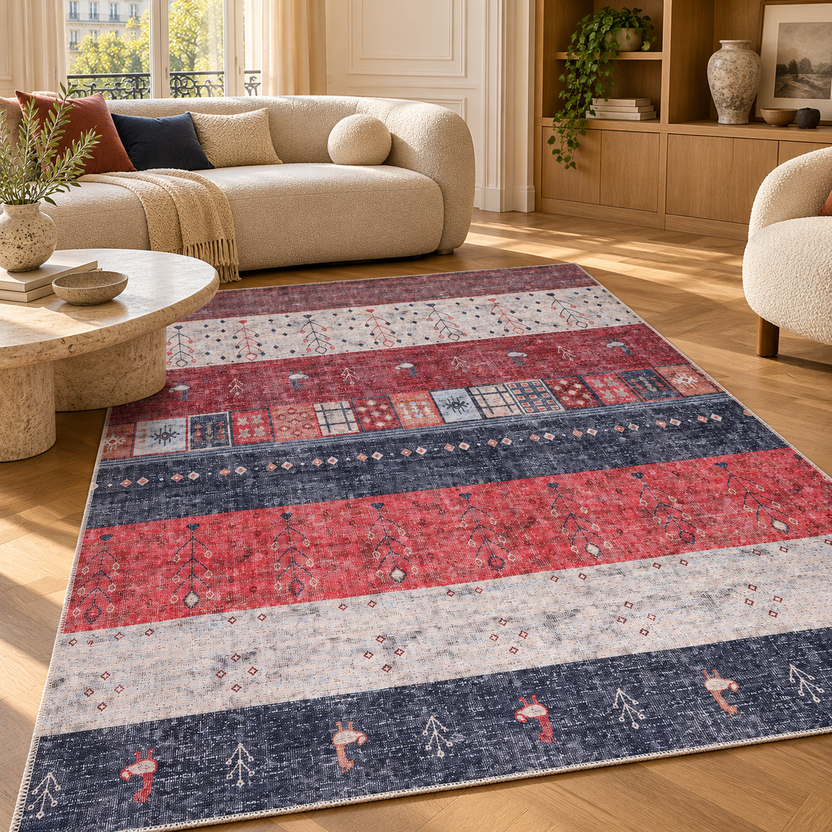 The Ceyhan Red Navy Banded Tribal Washable Rug