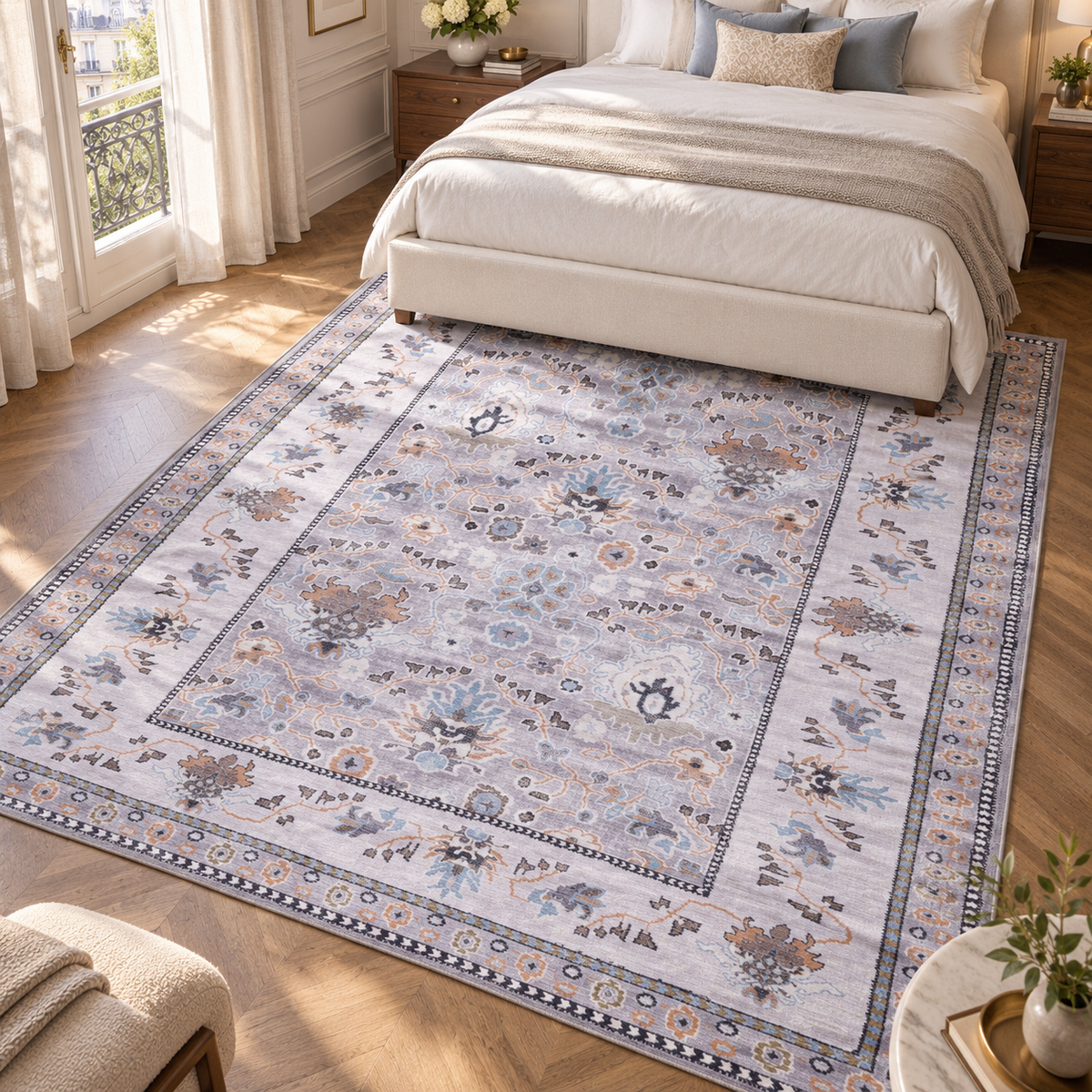 The Aksu Grey Lilac Floral Washable Rug