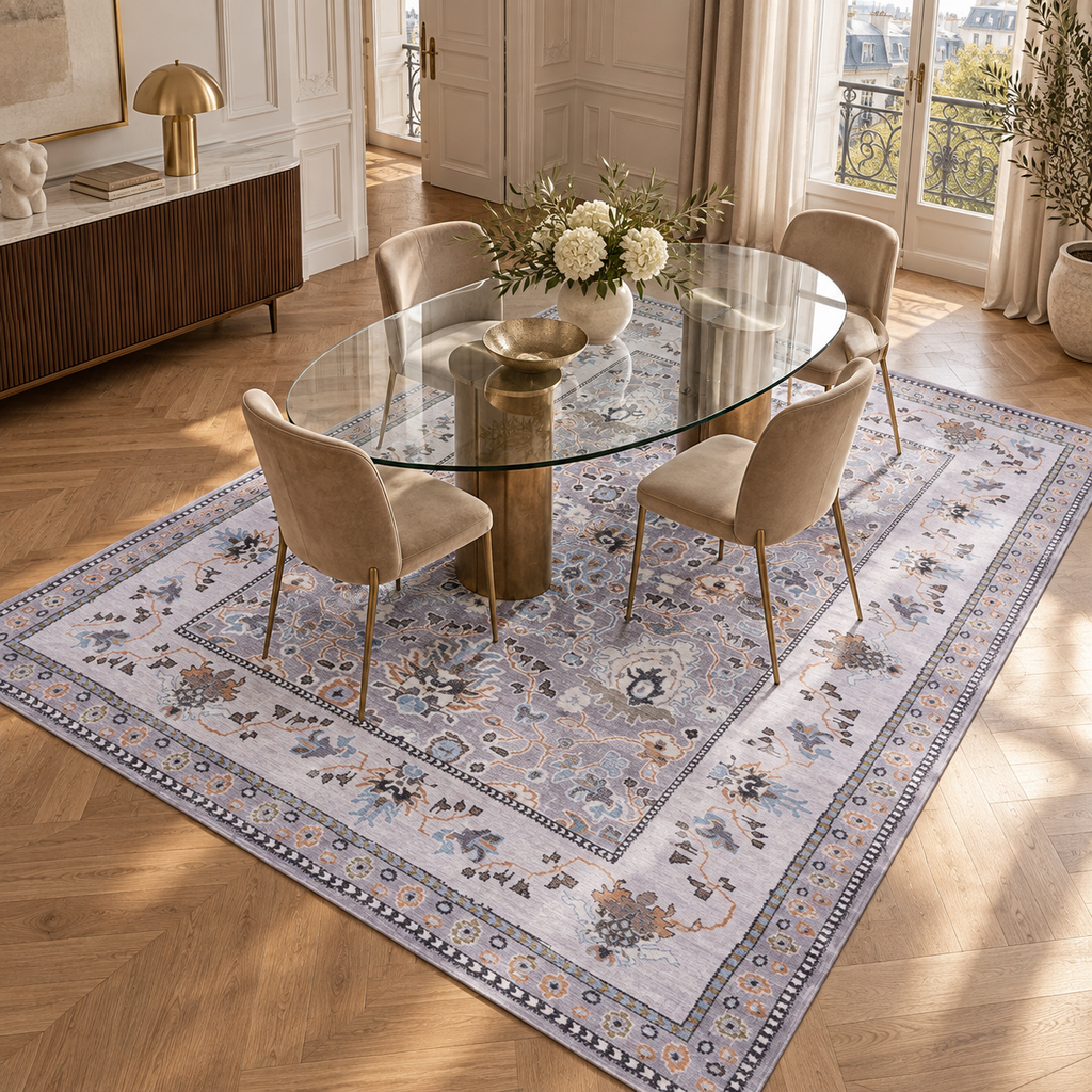 The Aksu Grey Lilac Floral Washable Rug