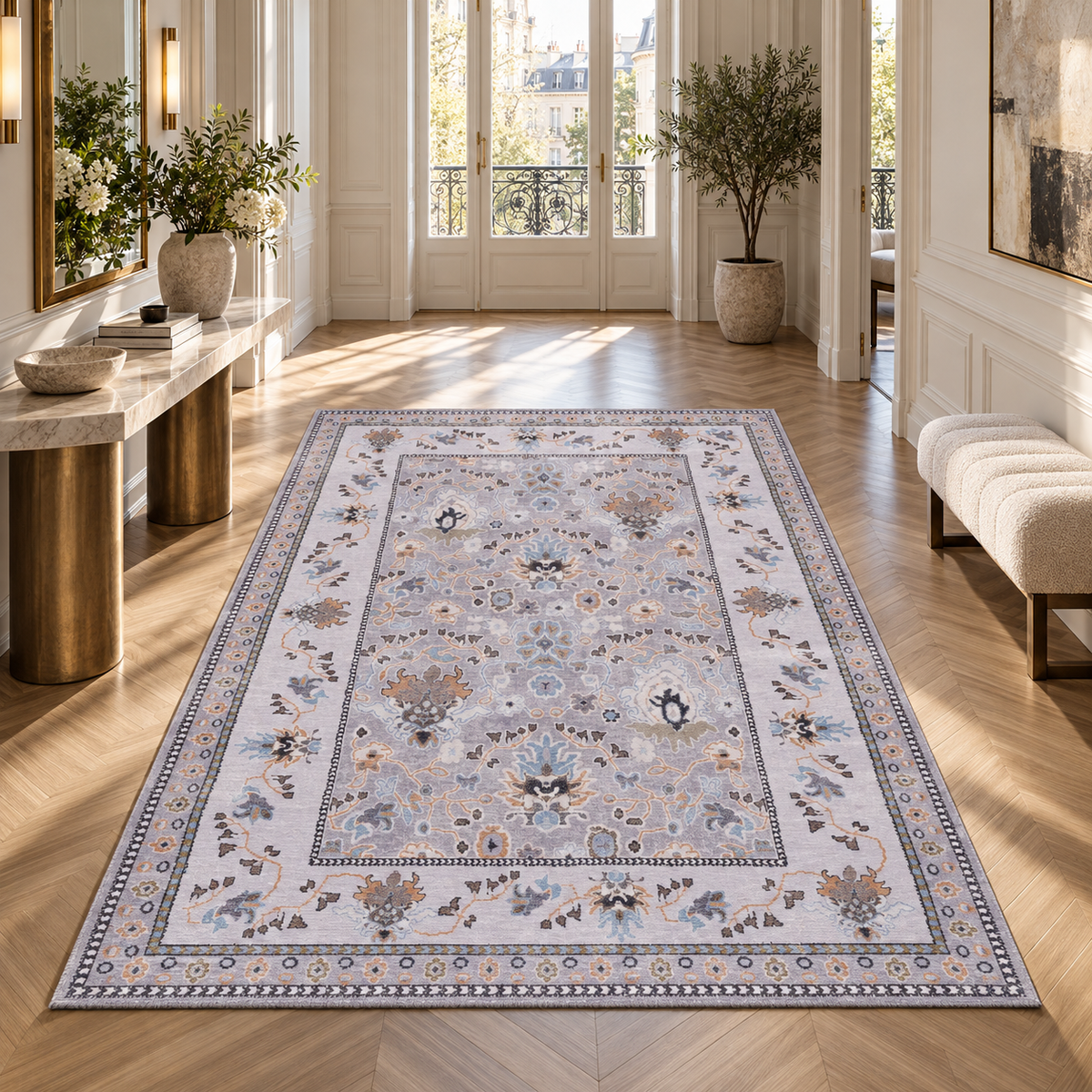 The Aksu Grey Lilac Floral Washable Rug