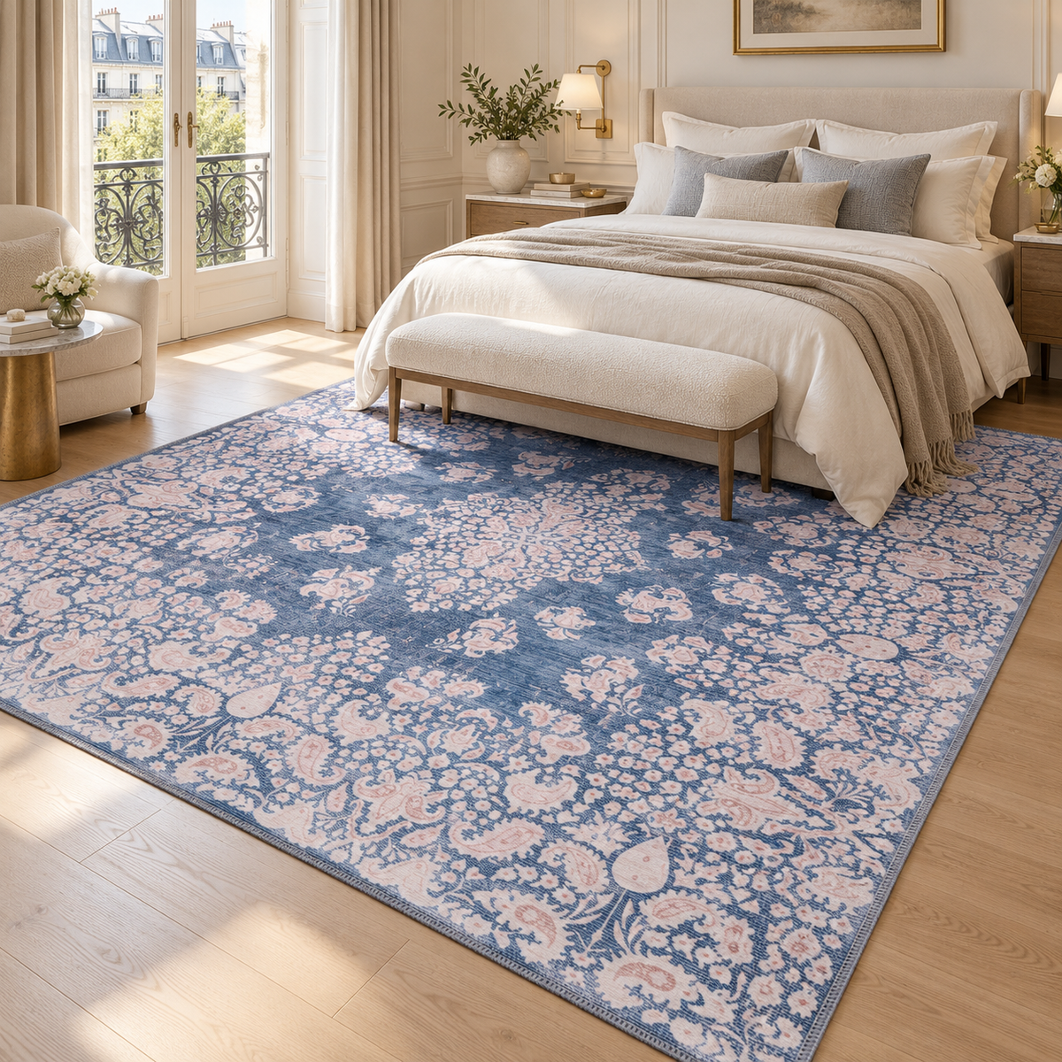 The Euphrates Denim Blue Floral Washable Rug