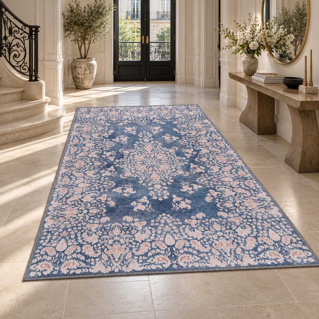 The Euphrates Denim Blue Floral Washable Rug