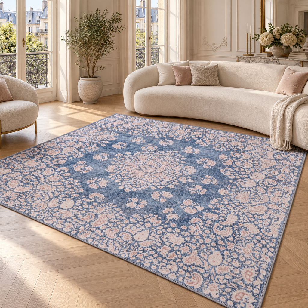 The Euphrates Denim Blue Floral Washable Rug