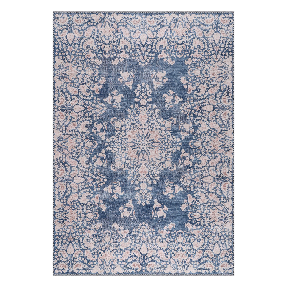 The Euphrates Denim Blue Floral Washable Rug